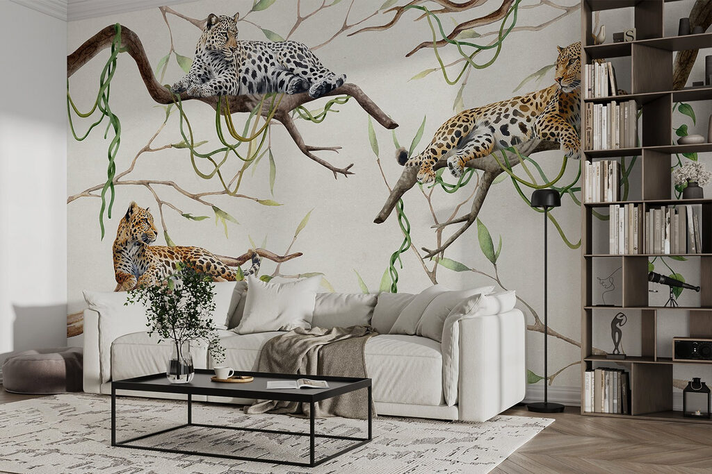 Group of leopards lying on branches