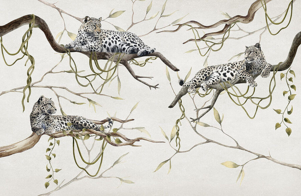 Grupo de leopardos deitados em ramos Grupo de leopardos deitados em ramos