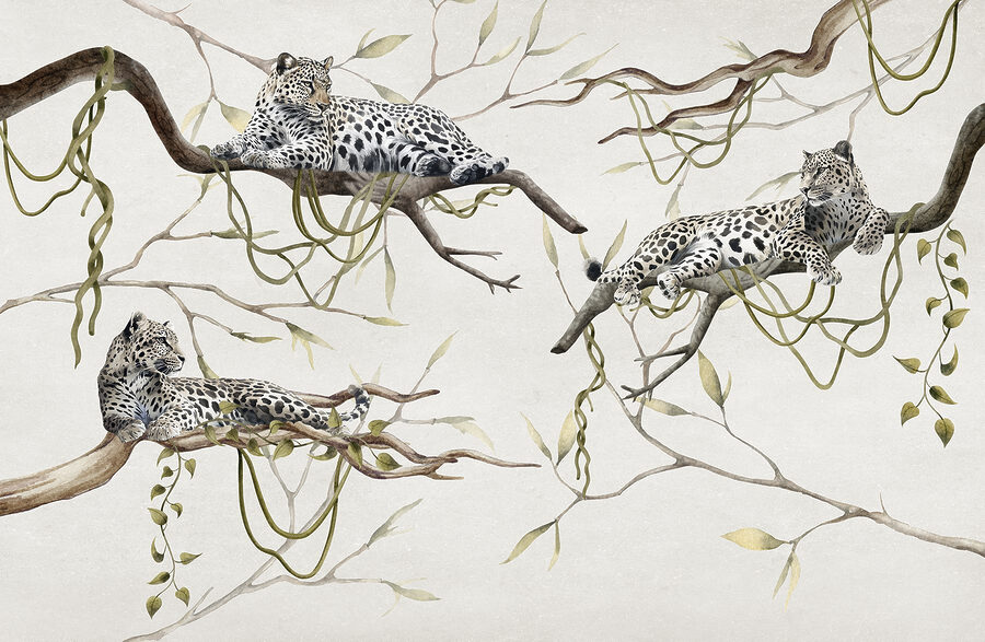 Grupo de leopardos deitados em ramos