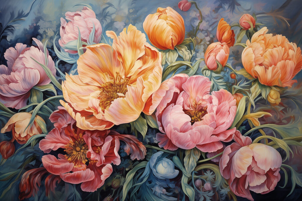 Pintura de flores sobre um fundo azul Pintura de flores sobre um fundo azul