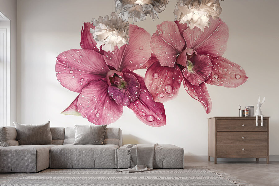 Flores delicadas adornadas com gotas
