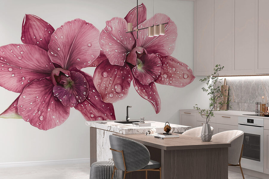 Flores delicadas adornadas com gotas
