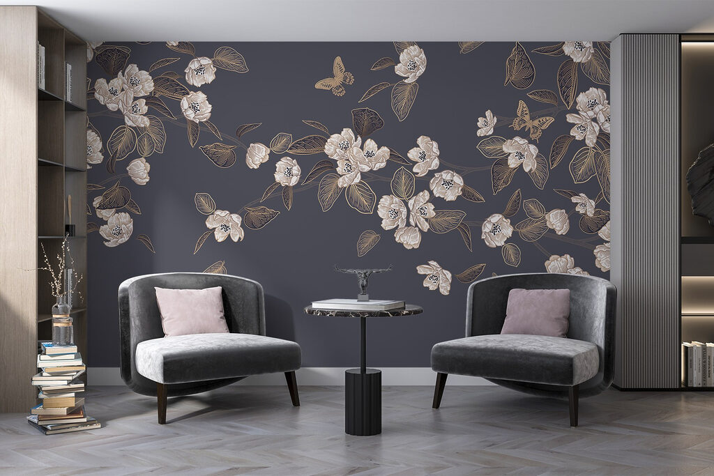 White flowers and leaves on a gray background White flowers and leaves on a gray background