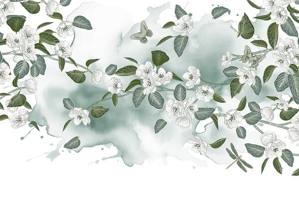 Flores brancas e folhas verdes sobre um fundo branco Flores brancas e folhas verdes sobre um fundo branco