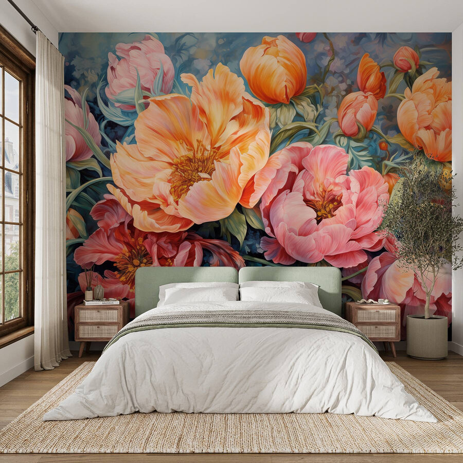 Pintura de flores sobre um fundo azul