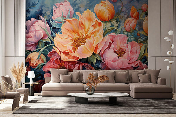 Pintura de flores sobre um fundo azul Pintura de flores sobre um fundo azul