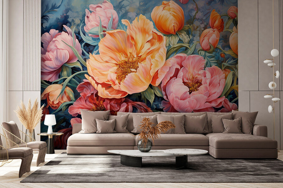 Pintura de flores sobre um fundo azul