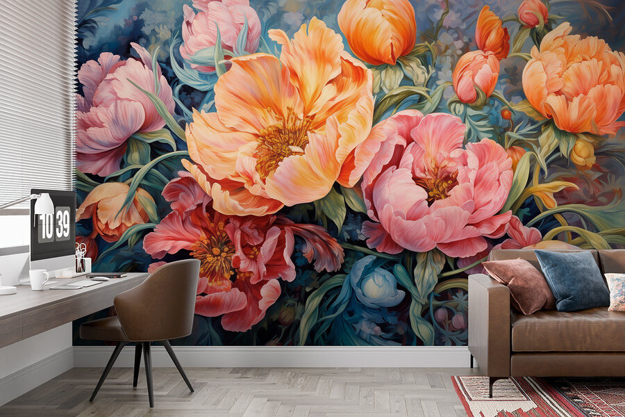 Pintura de flores sobre um fundo azul