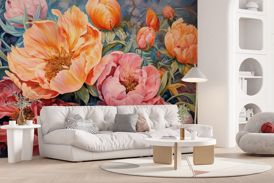 Pintura de flores sobre um fundo azul