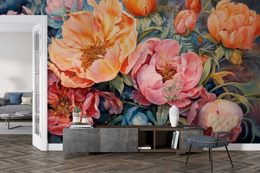 Pintura de flores sobre um fundo azul