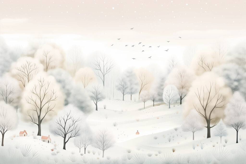 Paisagem de neve com árvores e pássaros Paisagem de neve com árvores e pássaros