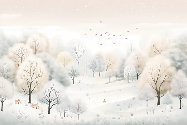 Paisagem de neve com árvores e pássaros Paisagem de neve com árvores e pássaros