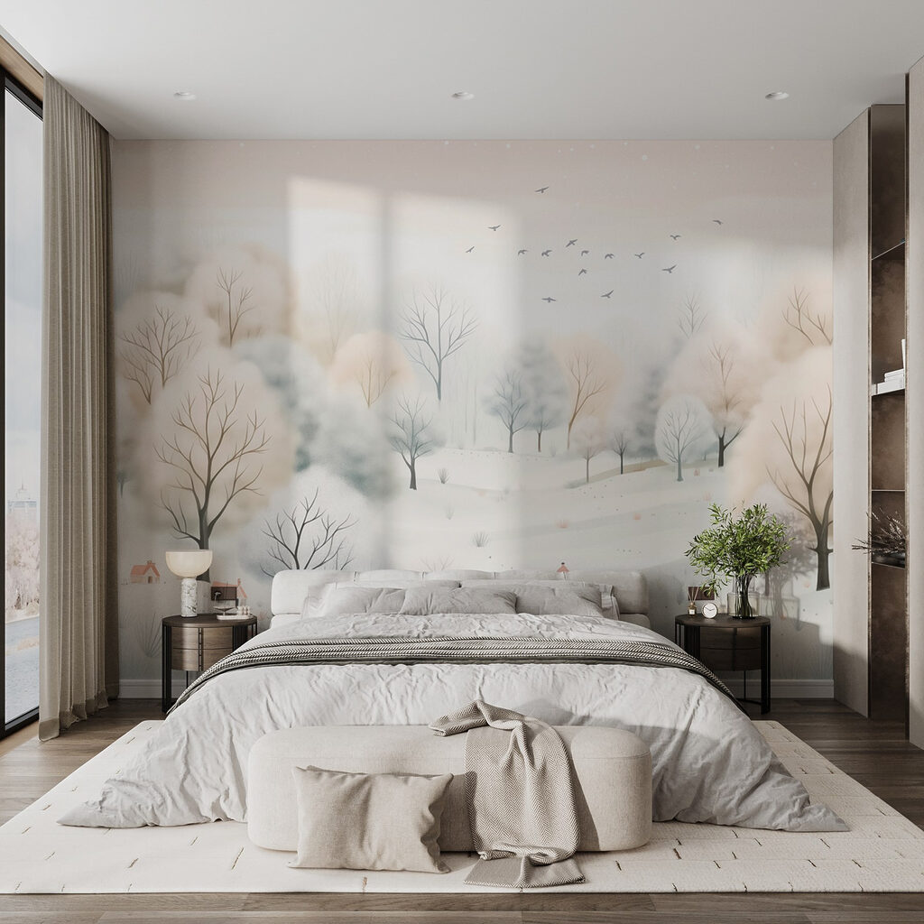 Snowy landscape with trees and birds Snowy landscape with trees and birds