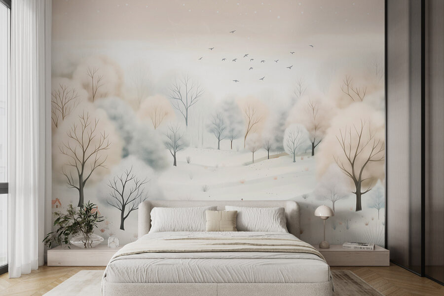 Paisagem de neve com árvores e pássaros