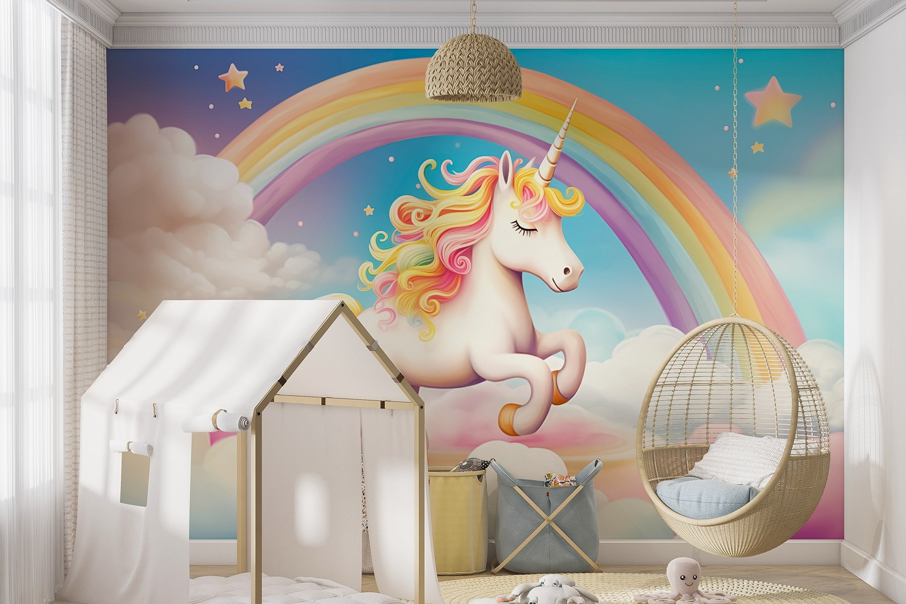 Unicorn with rainbow and clouds