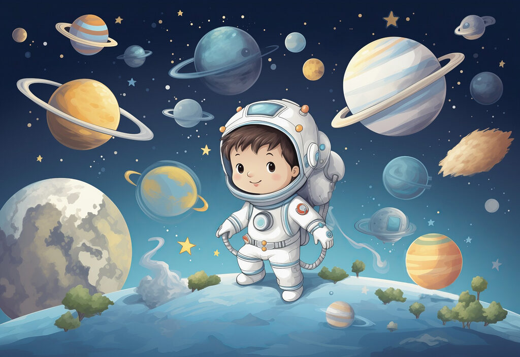 Desenho animado de um rapaz com um fato espacial Desenho animado de um rapaz com um fato espacial