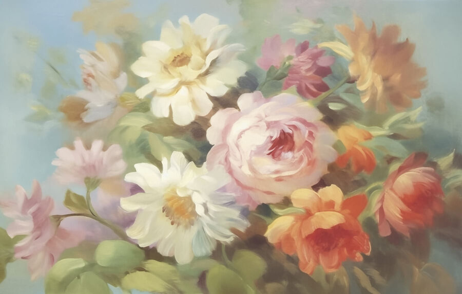 Pintura de flores sobre um fundo azul