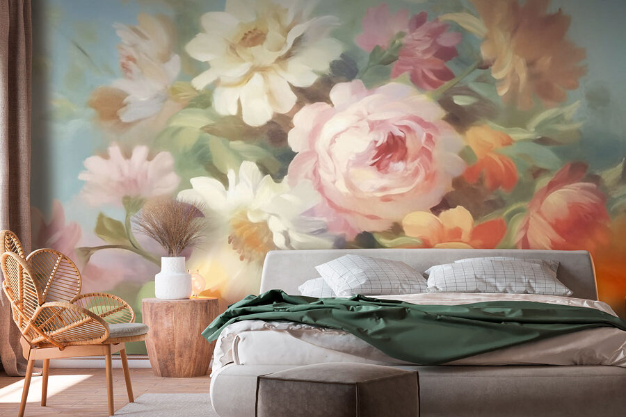 Pintura de flores sobre um fundo azul