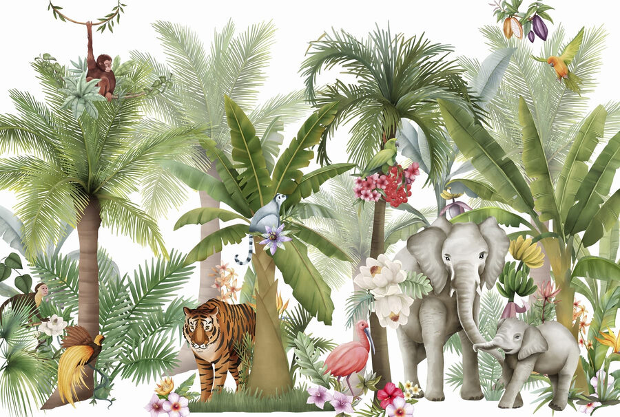 Papel de parede com animais e pássaros na selva