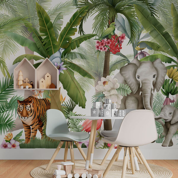 Wallpaper with animals and birds in the jungle