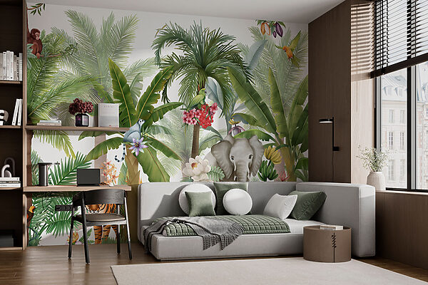 Wallpaper with animals and birds in the jungle