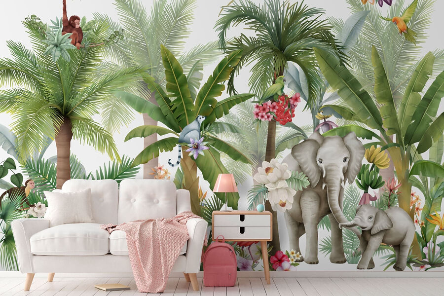 Papel de parede com animais e pássaros na selva