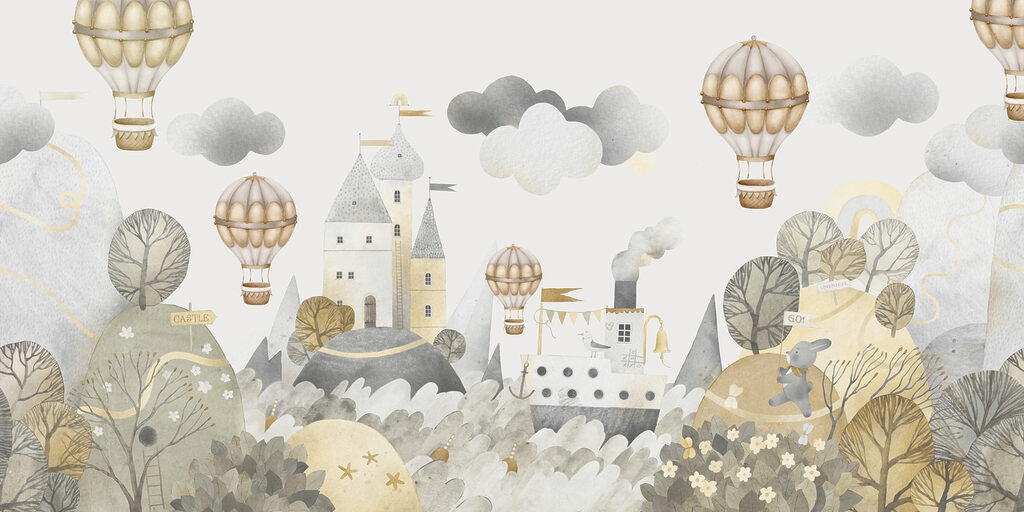 Pintura a aguarela de um castelo e balões de ar quente Pintura a aguarela de um castelo e balões de ar quente