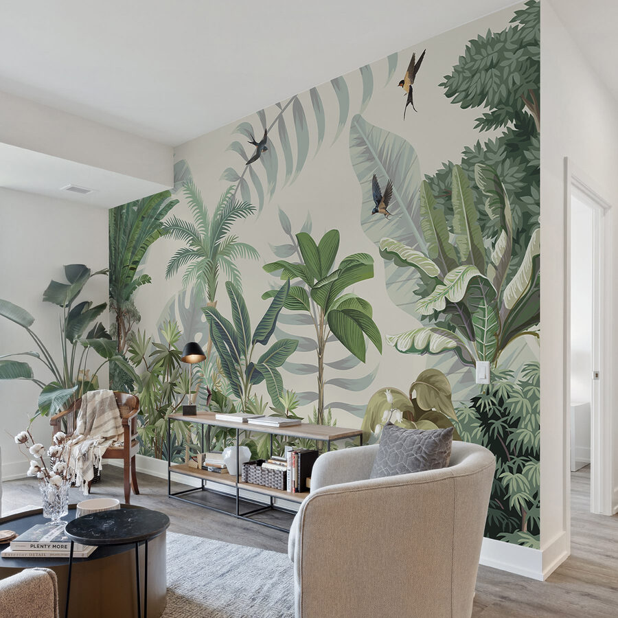 Papel de parede Papel de parede com plantas tropicais e pássaros