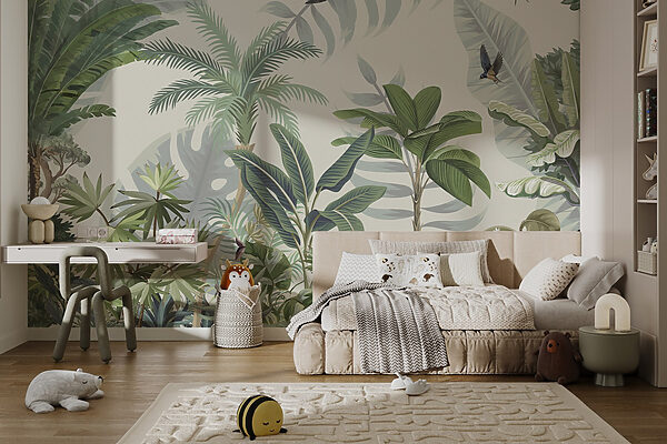 Wallpaper with tropical plants and birds