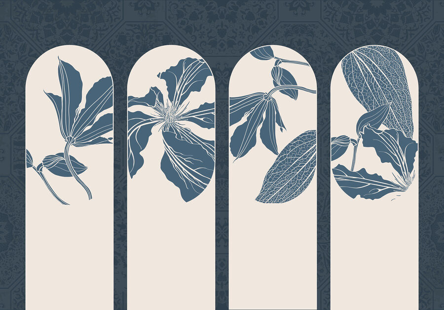 Grupo de motivos florais brancos e azuis