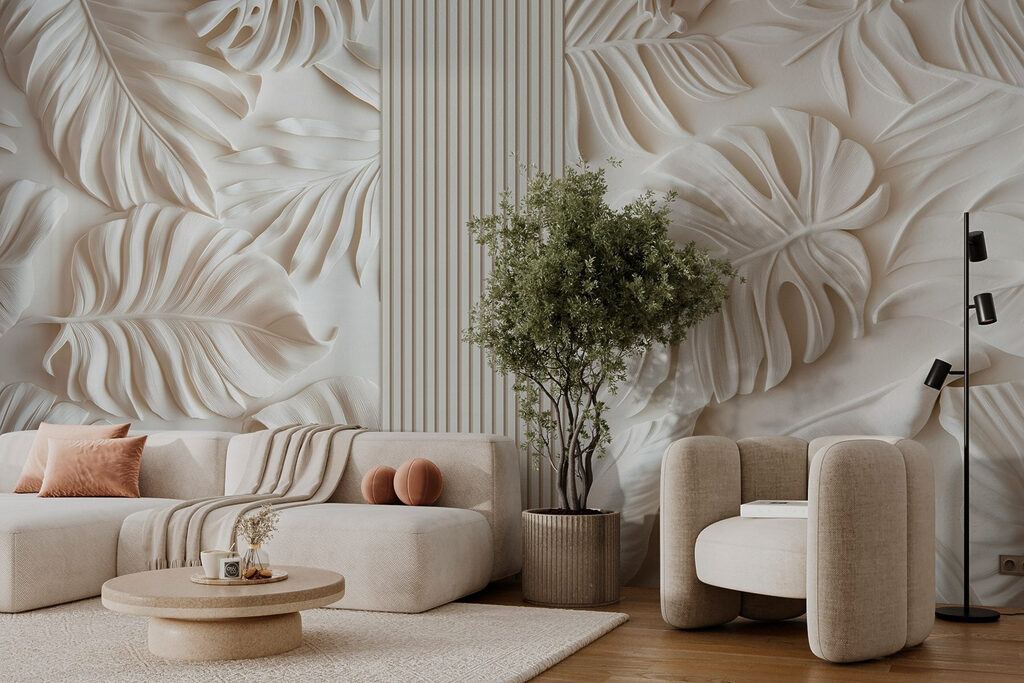 White wall with leaves