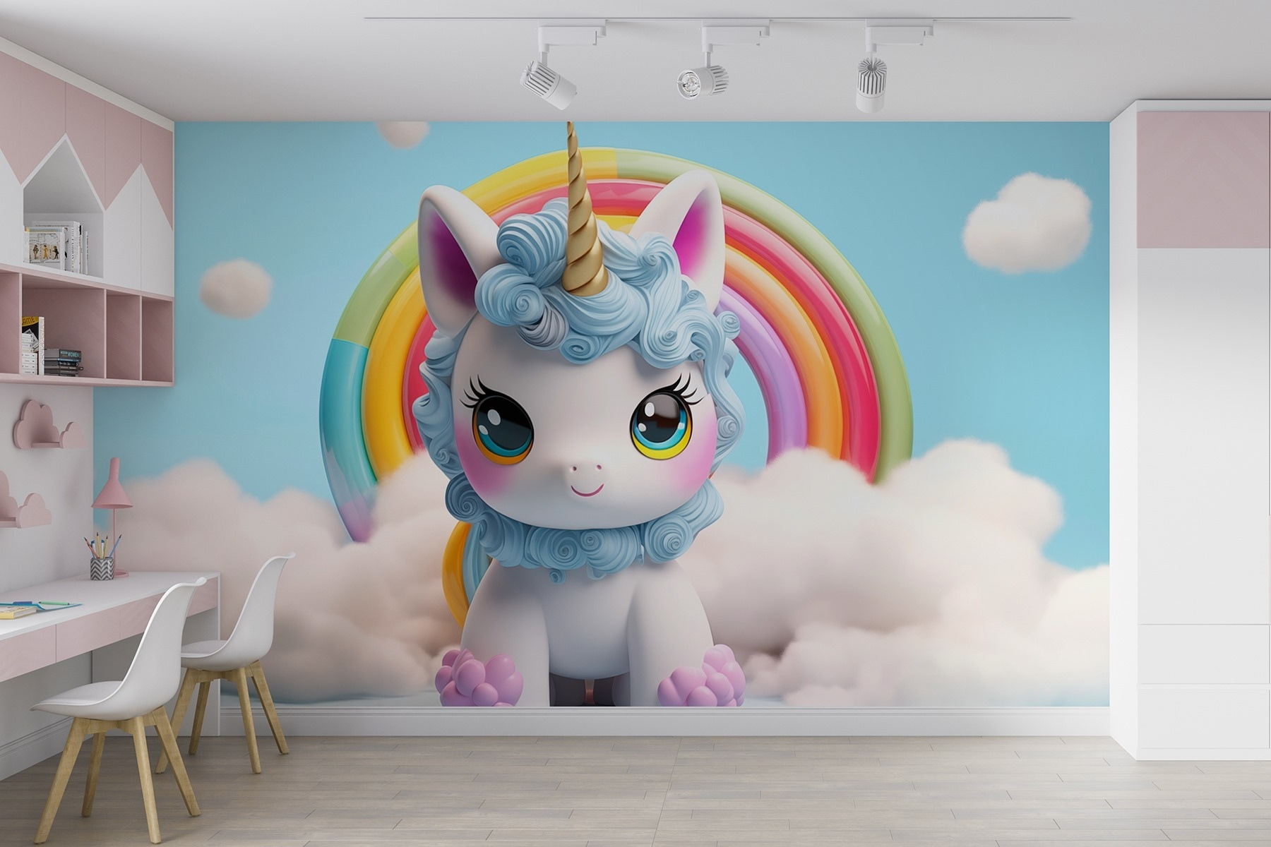 Toy unicorn with a rainbow in the background