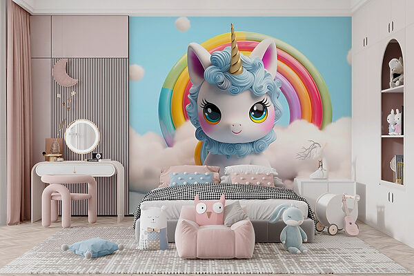 Unicórnio de brinquedo com um arco-íris em fundo Unicórnio de brinquedo com um arco-íris em fundo