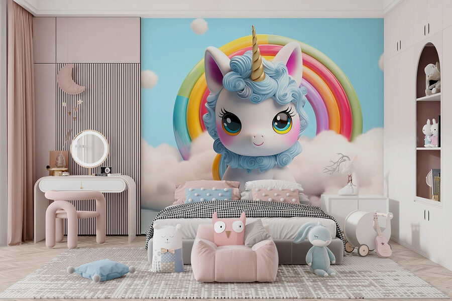 Unicórnio de brinquedo com um arco-íris em fundo