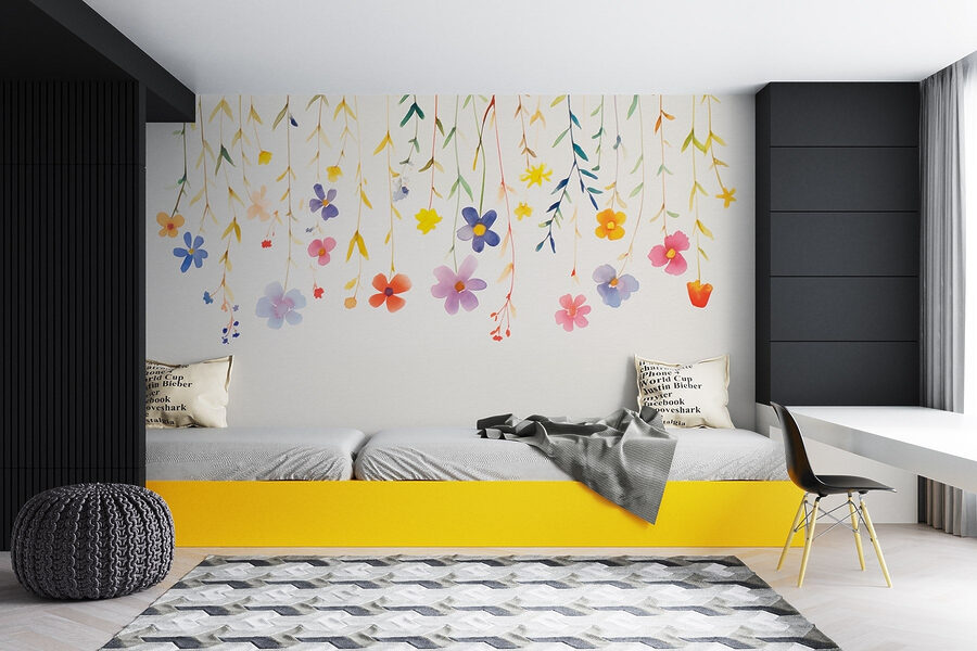 Pintura a aguarela de flores e folhas
