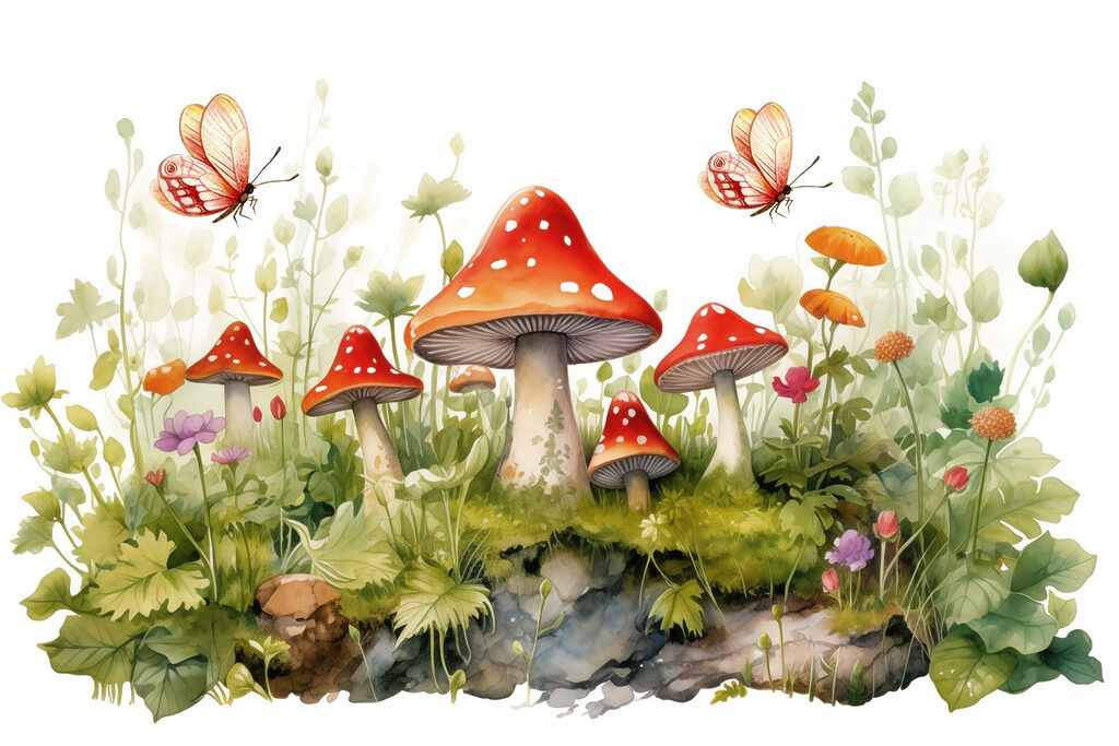 Pintura de cogumelos e borboletas Pintura de cogumelos e borboletas