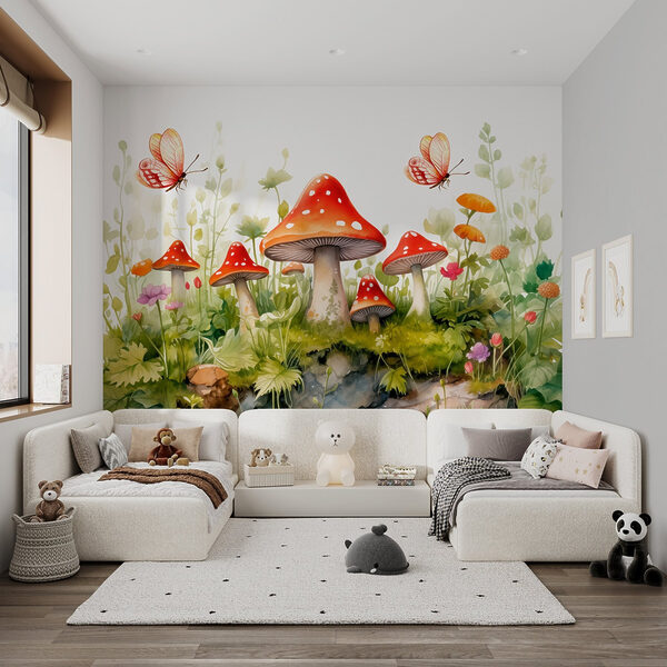 Pintura de cogumelos e borboletas Pintura de cogumelos e borboletas
