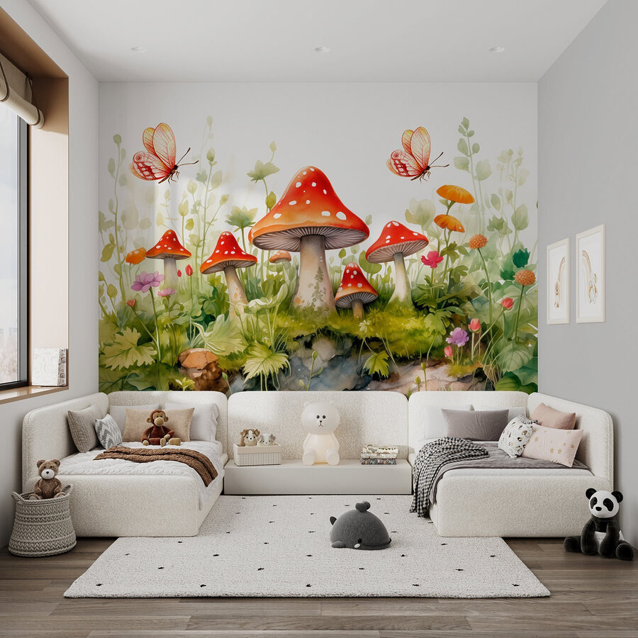 Pintura de cogumelos e borboletas
