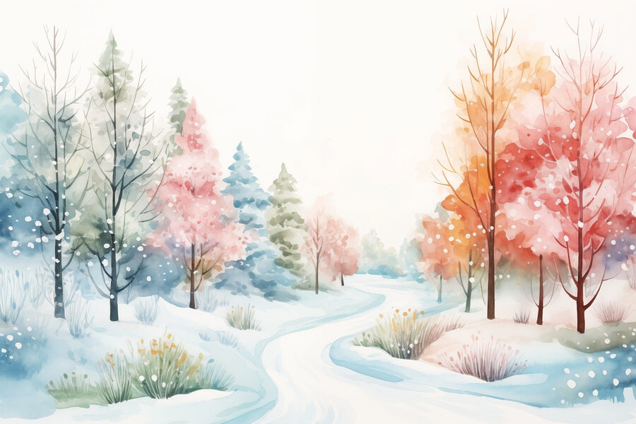 Pintura a aguarela de uma estrada com neve e árvores Pintura a aguarela de uma estrada com neve e árvores