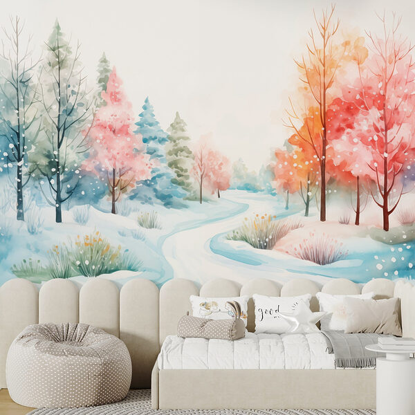 Pintura a aguarela de uma estrada com neve e árvores Pintura a aguarela de uma estrada com neve e árvores