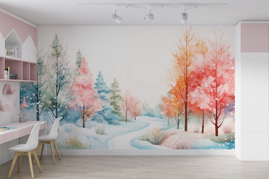 Pintura a aguarela de uma estrada com neve e árvores Pintura a aguarela de uma estrada com neve e árvores