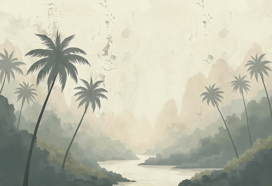 Rio com árvores e montanhas