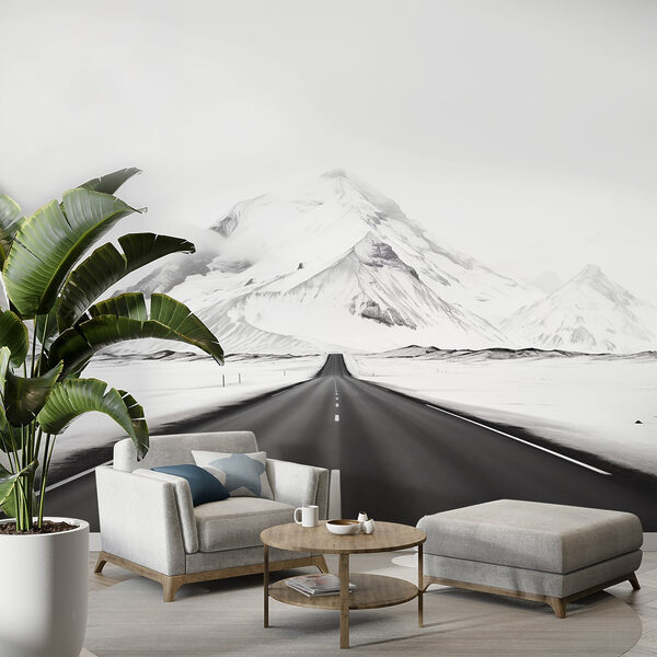 Road leading to a snowy mountain Road leading to a snowy mountain