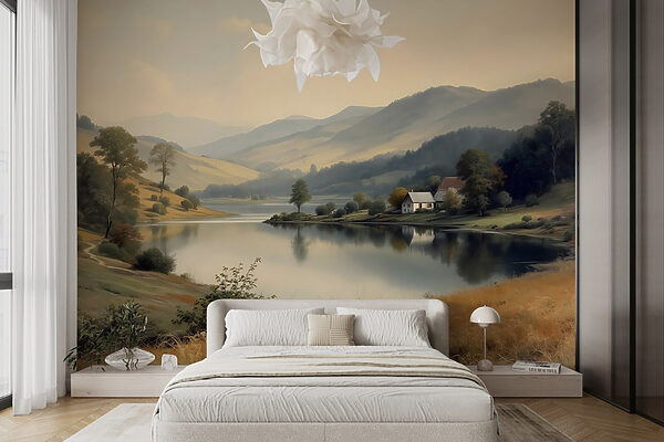 Lago com uma casa e árvores Papel de parede Lago com uma casa e árvores