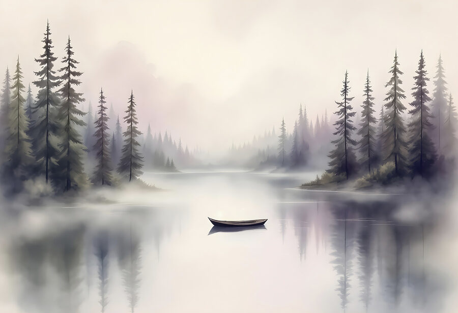 Barco num lago com árvores ao fundo