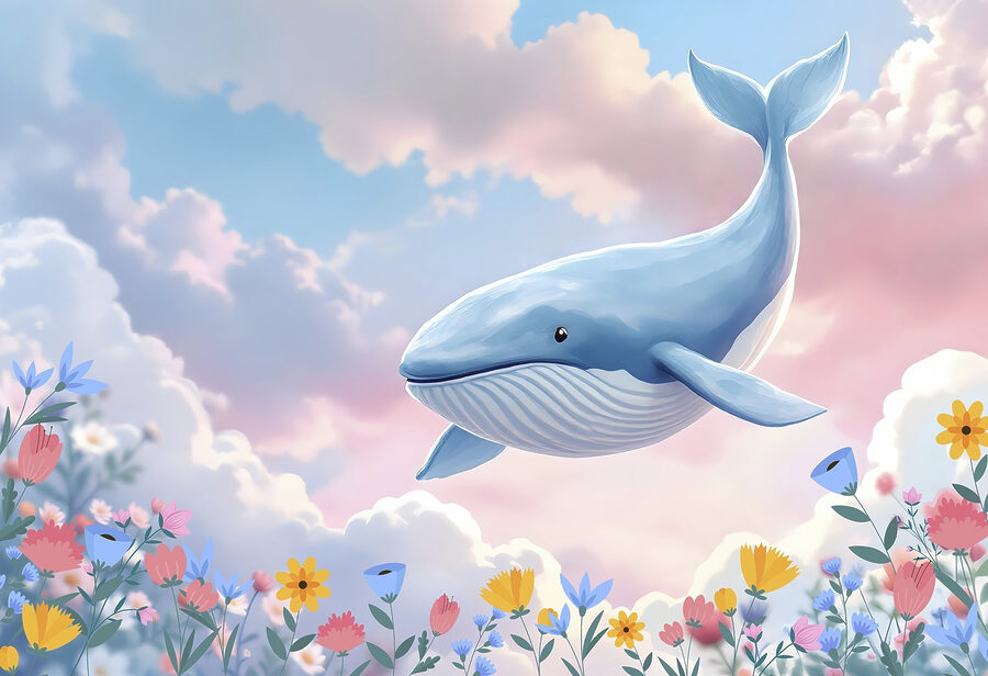 Baleia a voar sobre flores