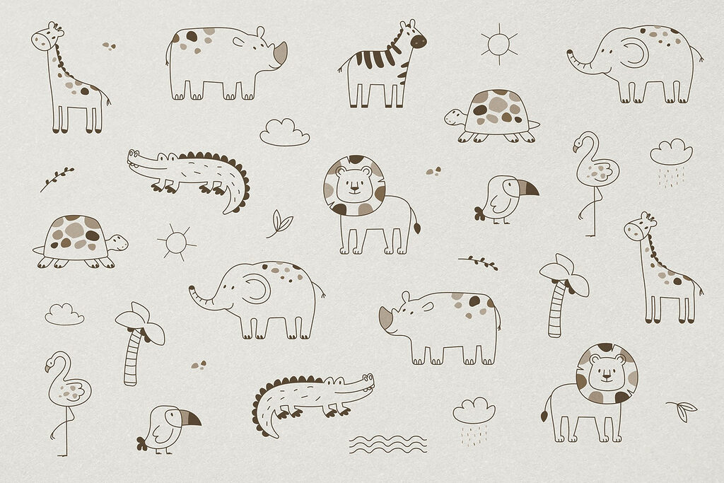 Grupo de animais desenhados numa superfície branca Grupo de animais desenhados numa superfície branca