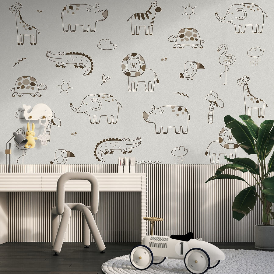 Papel de parede Grupo de animais desenhados numa superfície branca - Image 2