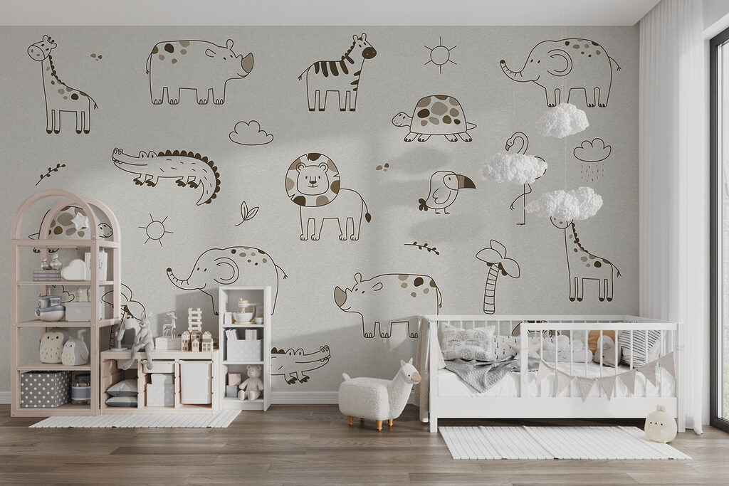 Group of animals drawn on a white surface Group of animals drawn on a white surface