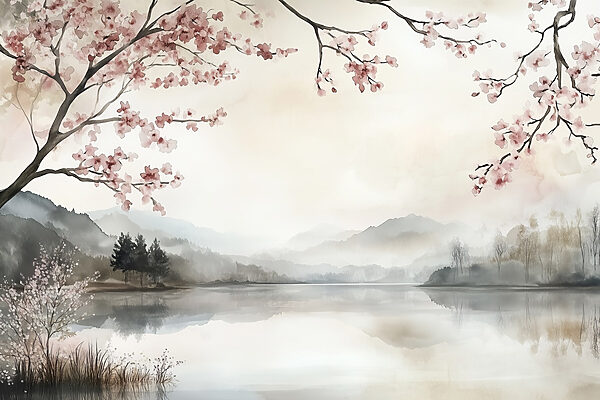 Pintura a aguarela de um lago com árvores e montanhas Pintura a aguarela de um lago com árvores e montanhas